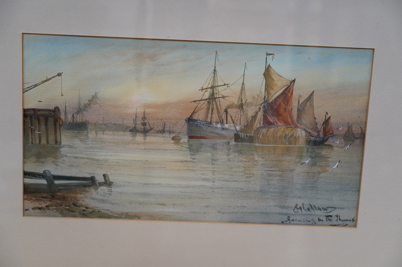 John Callow O.W.S. (1822-1878), pair of framed watercolours, ‘Morning on the Thames’ and ‘Dutch Coast’, 24 x 46cm. Condition - fair to good